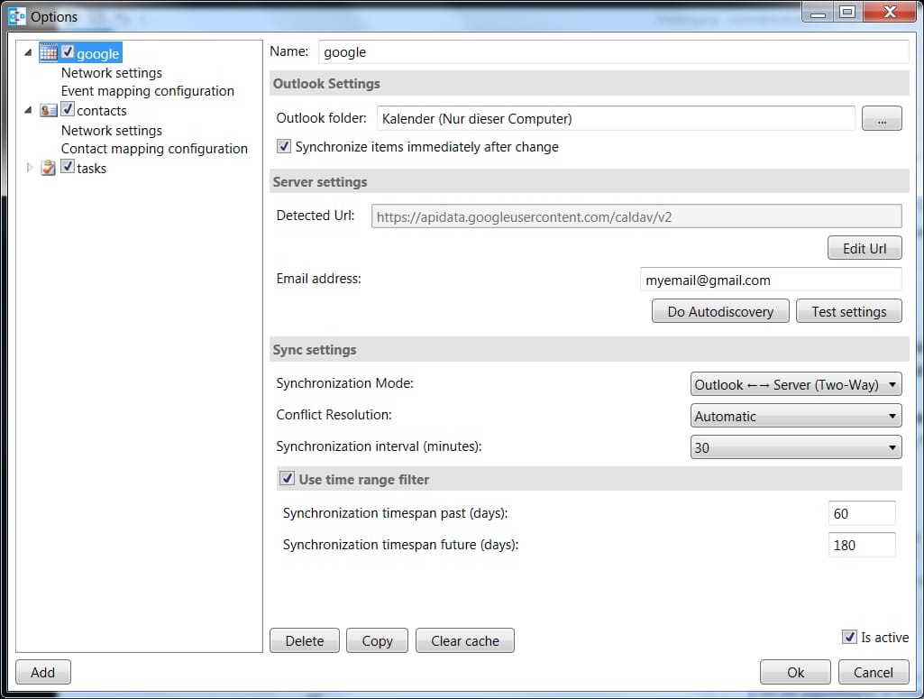 Ventana de opciones de Outlook CalDav Synchronizer con un perfil seleccionado, el modo de sincronización puesto en Outlook to Server two-way, resolución automática de conflictos, intervalo de 30 minutos y un rango de días pasados y futuros.