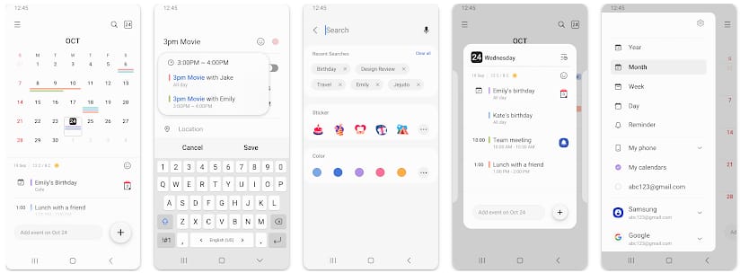 Calendário Samsung no Android mostrando visões de calendário com eventos por cor e design One UI.
