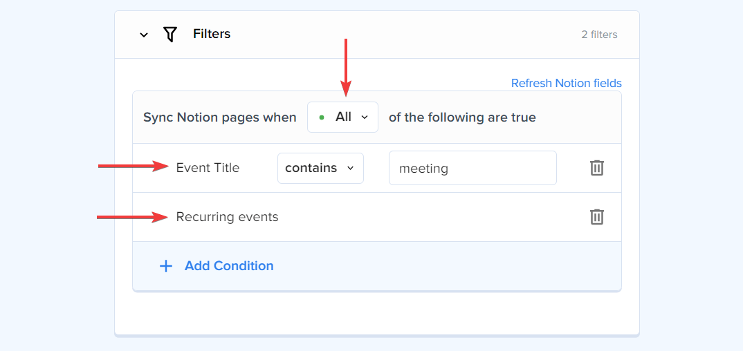 Filters panel showing two conditions: Event Title contains meeting and Recurring events, with All logic selected