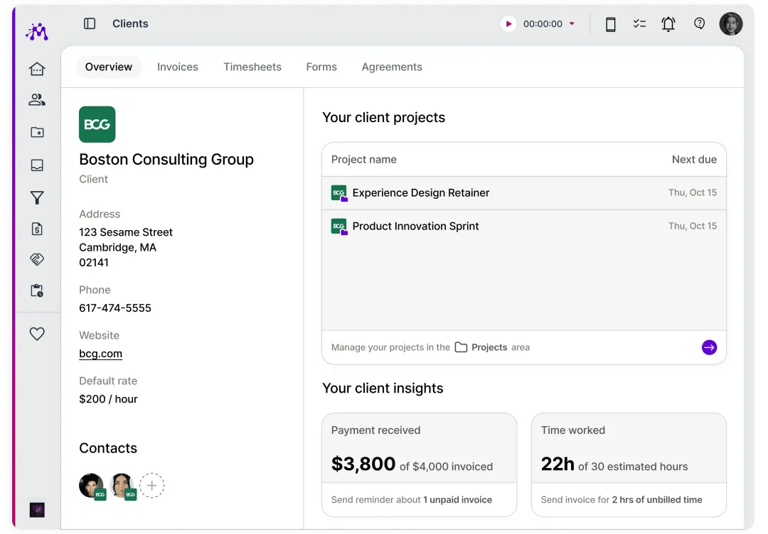 Moxie client overview showing project list, payment received and time worked insights for a single client