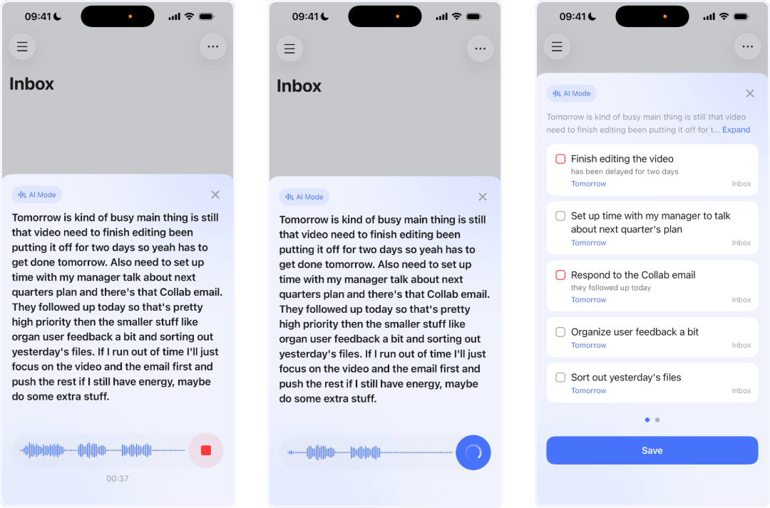 TickTick AI Mode wandelt eine Sprachaufnahme in strukturierte Aufgaben mit Datum und Liste um