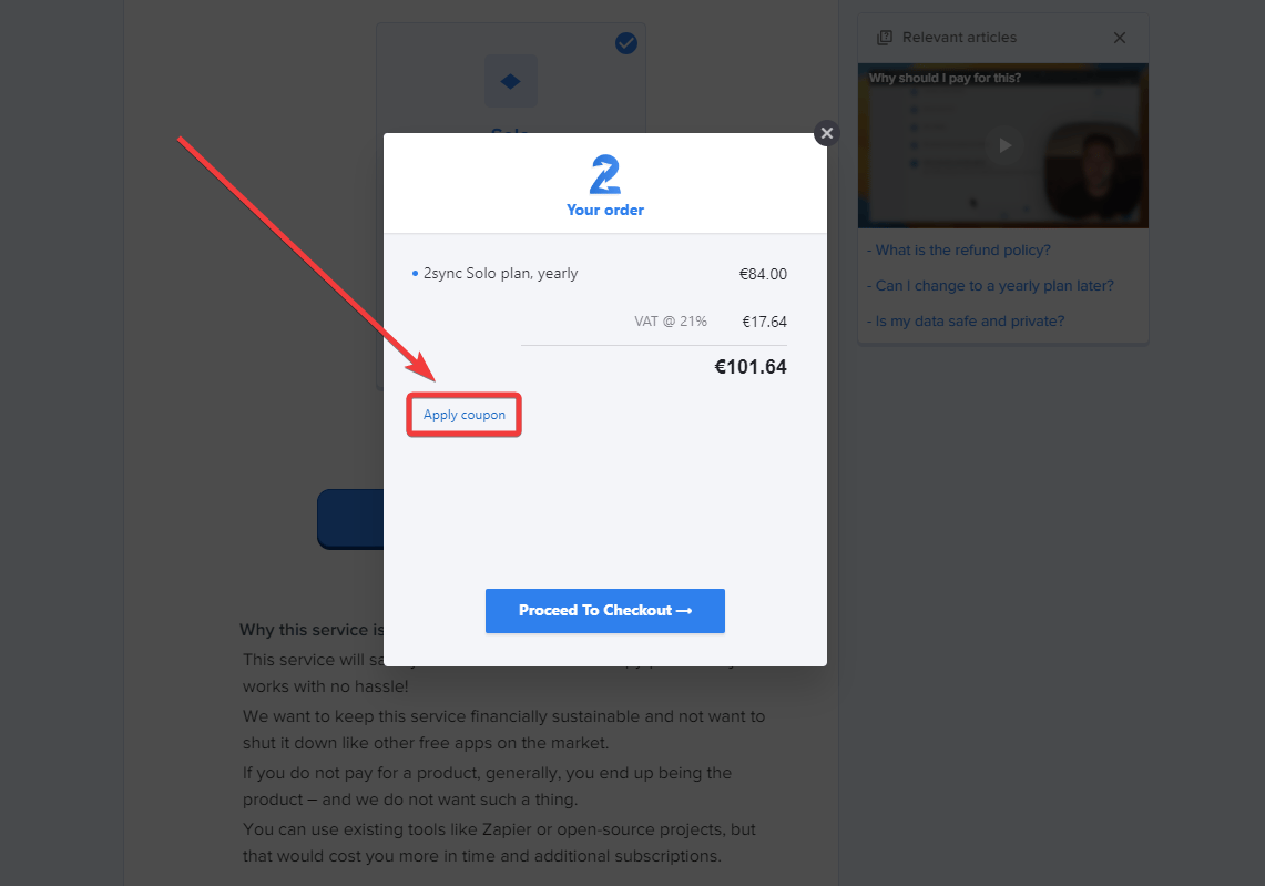 Checkout modal showing the Apply coupon button highlighted