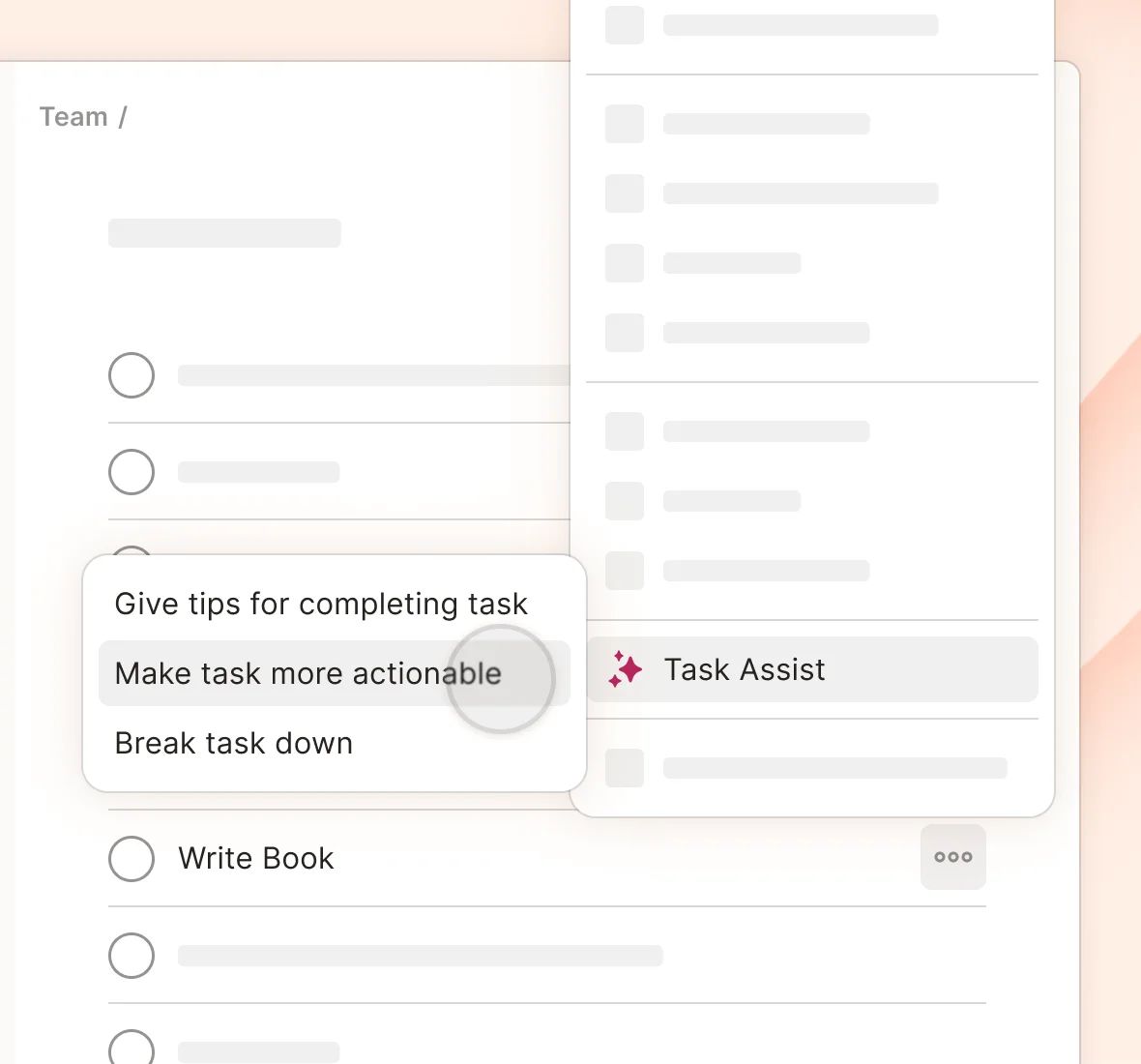 Todoist task menu with Task Assist highlighted and its options: Give tips for completing task, Make task more actionable, and Break task down
