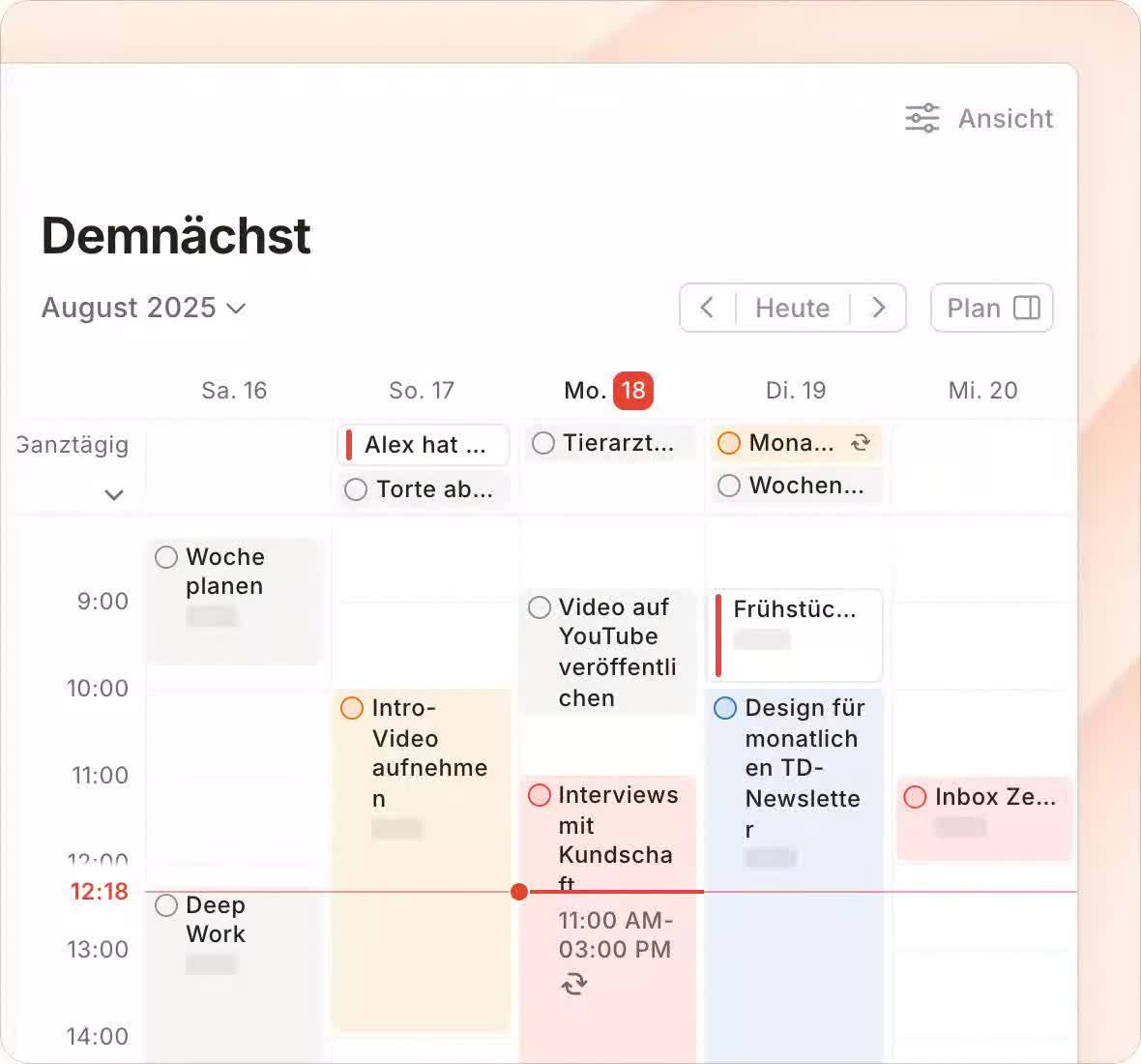 Todoist-Ansicht Demnächst im Kalender-Layout für August 2025: Aufgaben als Zeitblöcke von Samstag bis Mittwoch, eine Zeile für ganztägige Einträge, eine rote Linie für die aktuelle Uhrzeit und oben die Schaltflächen Heute und Plan.