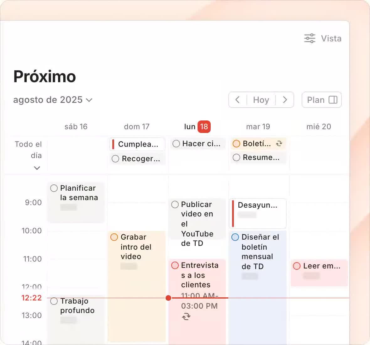 Vista Próximo de Todoist como calendario semanal, con la interfaz en español: tareas colocadas como bloques de tiempo de sábado a miércoles de una semana de agosto de 2025, una fila para todo el día, la línea roja de la hora actual y los botones Hoy y Vista arriba.
