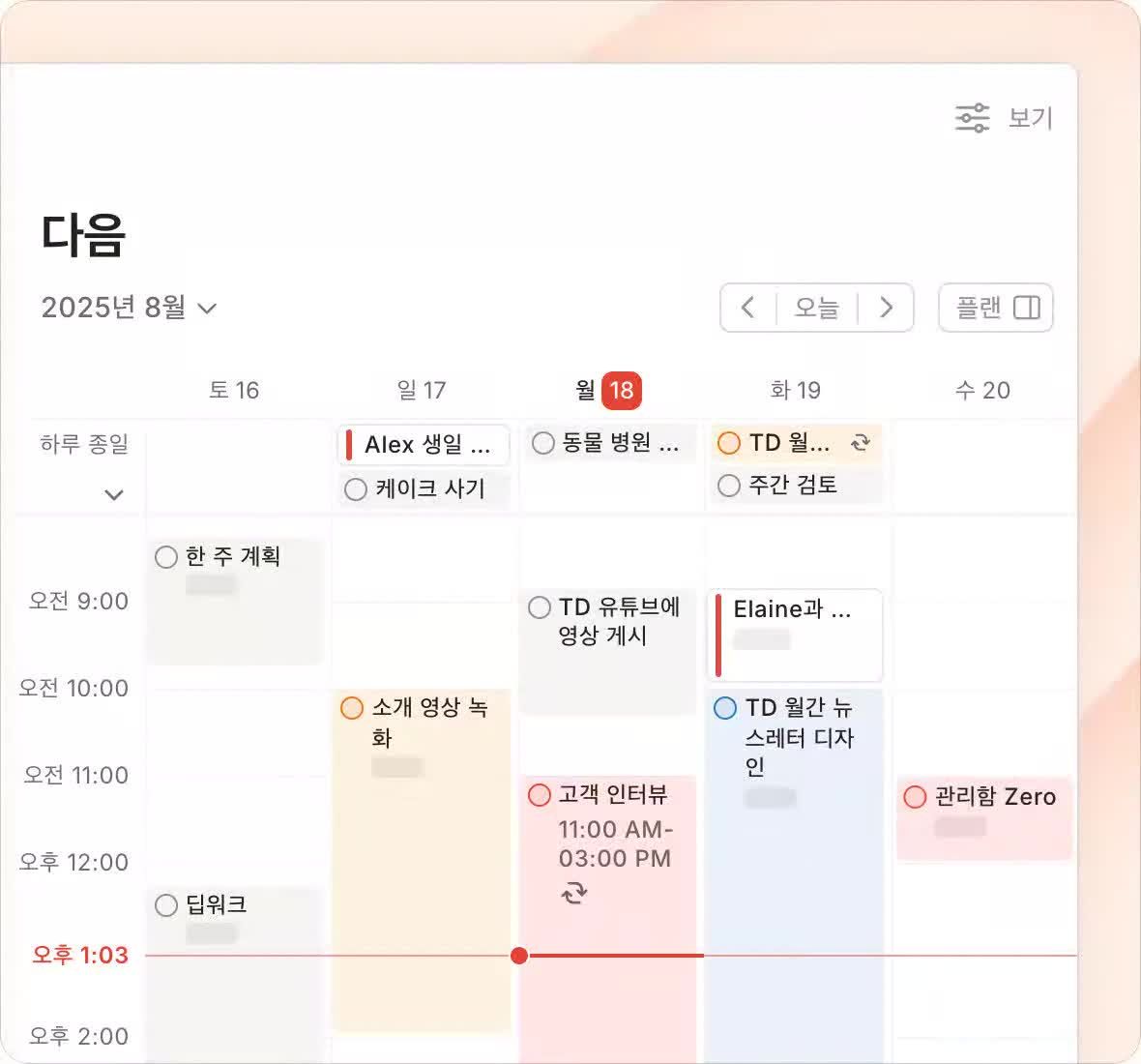 Todoist 다음 보기의 주간 캘린더 레이아웃: 토요일부터 수요일까지 시간 블록으로 놓인 작업, 종일 행, 현재 시각을 나타내는 빨간 선, 상단의 오늘·플랜 버튼
