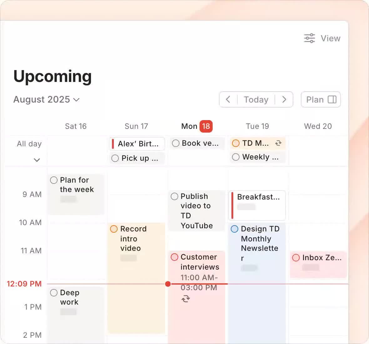Todoist Upcoming view in the week calendar layout, with tasks placed as time blocks from Saturday to Wednesday, an all-day row, a red current-time line, and the Today and Plan buttons at the top.