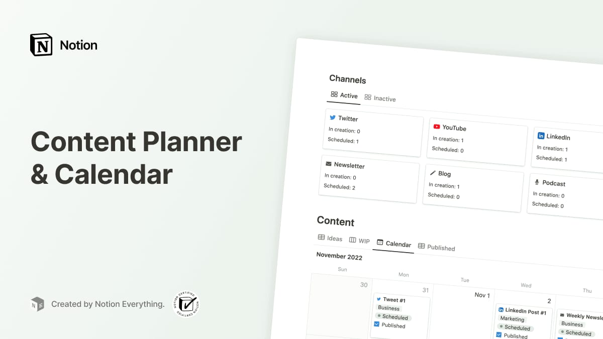 Notion Everything의 Content Planner & Calendar, Twitter, YouTube, LinkedIn, Newsletter, Blog, Podcast 채널 카드와 월간 캘린더가 보입니다.