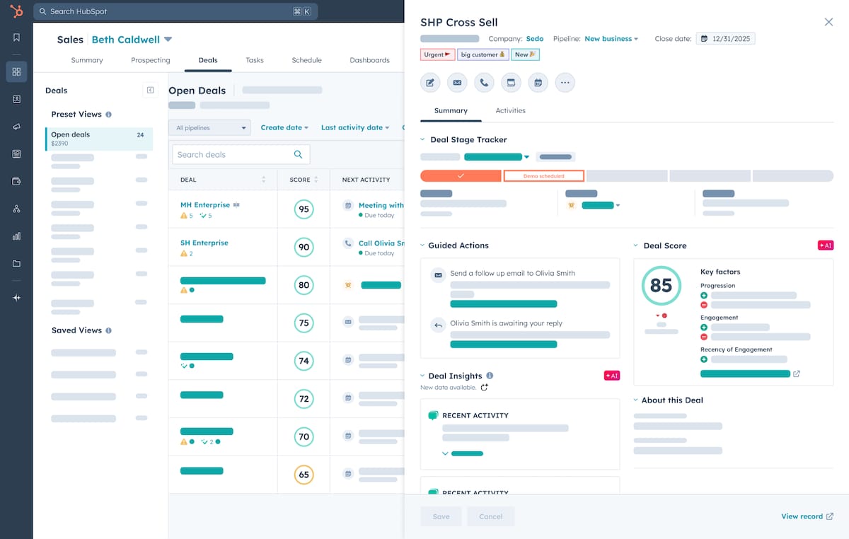 HubSpot deals list with scored deal rows beside an open deal record showing stage tracker, guided actions and an AI deal score