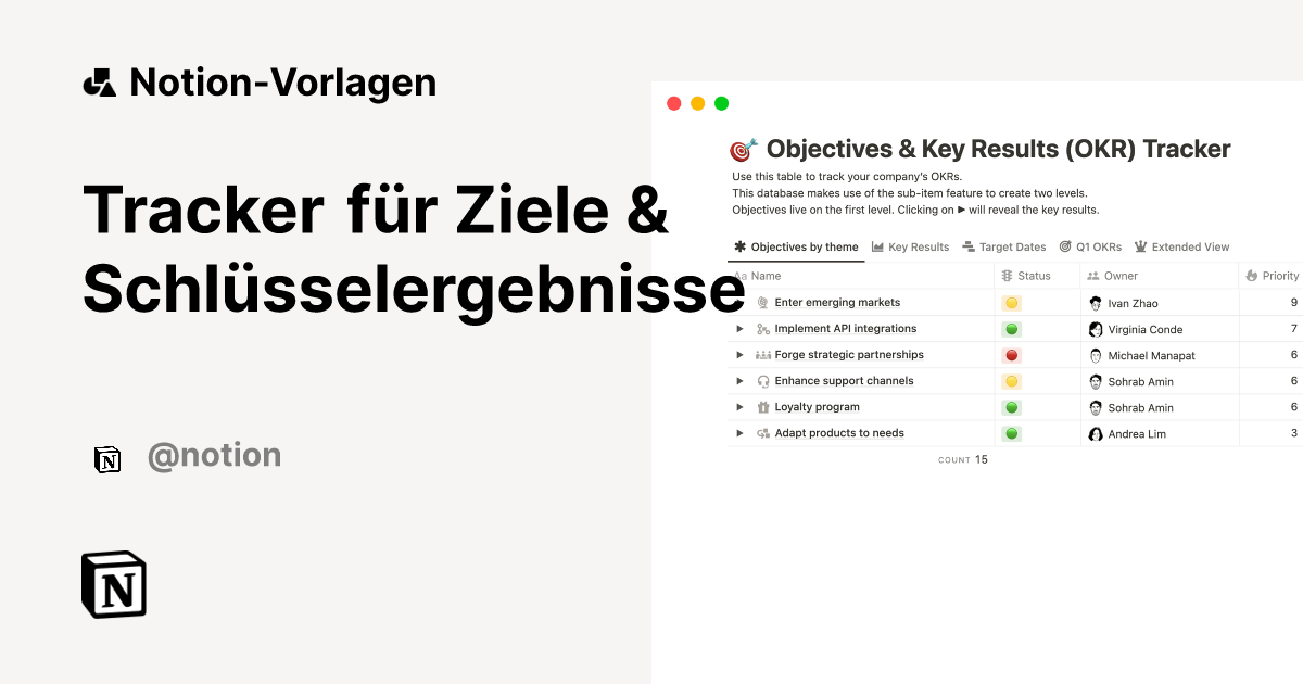Offizielle OKR-Vorlage von Notion mit Objectives, Key Results und Fortschritt in Prozent.