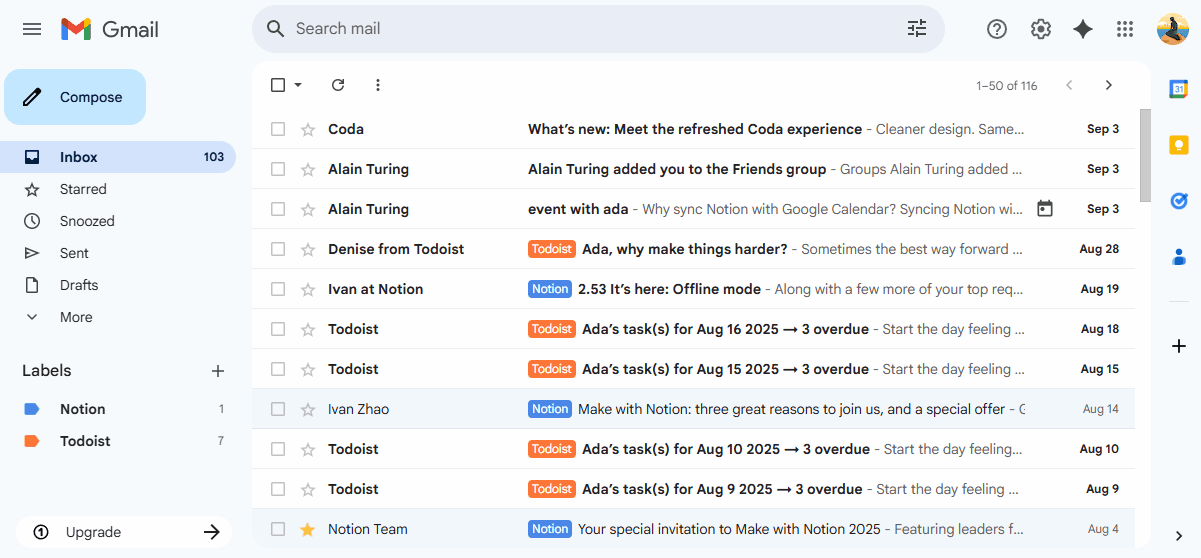 웹의 Gmail 화면. 받은편지함(1–50/116), 왼쪽 라벨 목록과 상단 왼쪽 선택 체크박스가 보여 대량 선택 준비 상태.