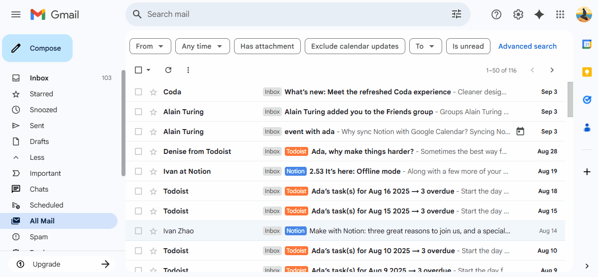 Gmail '전체보관함'(1–50/116) 화면. 왼쪽 상단 선택 체크박스와 필터 칩이 표시된 상태.