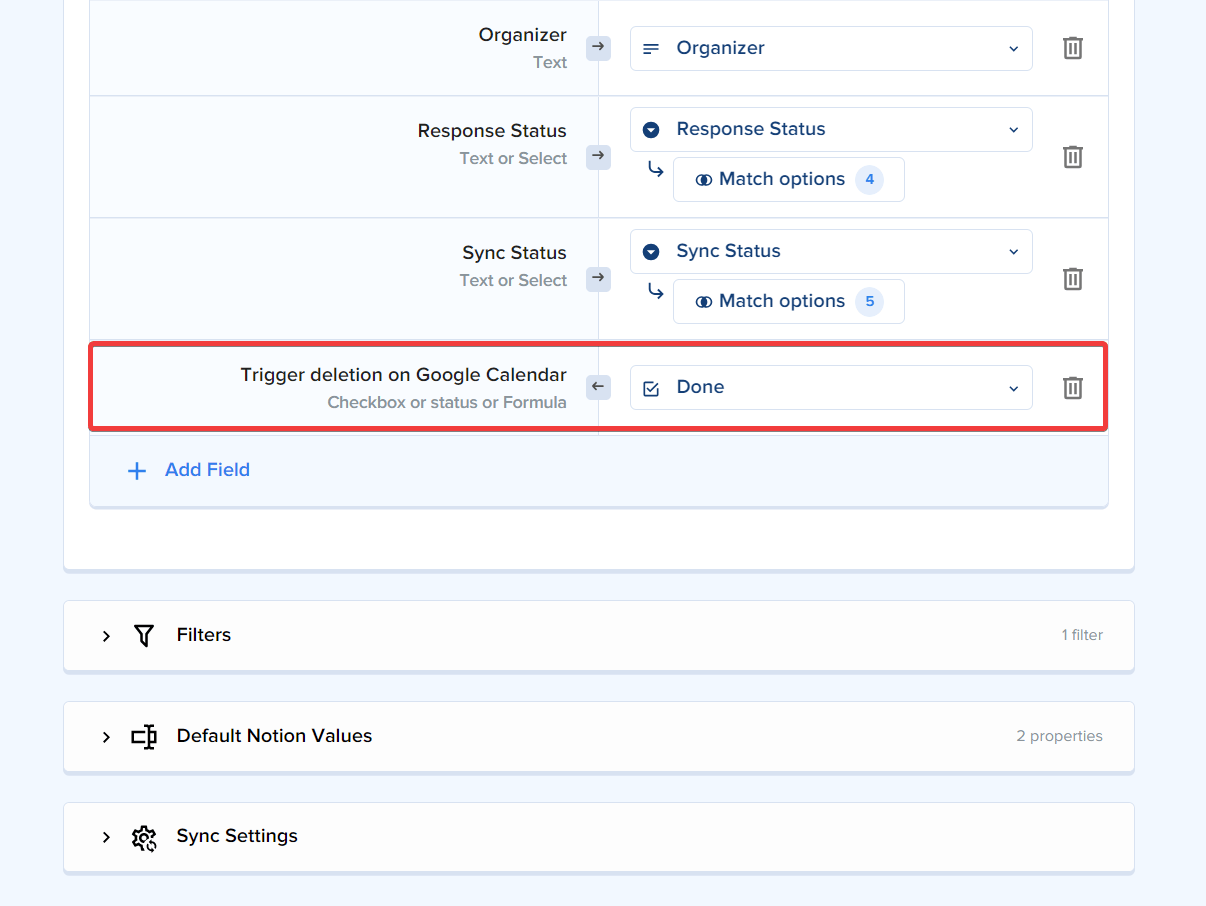 Field mapping showing Trigger deletion on Google Calendar mapped to the Done checkbox property