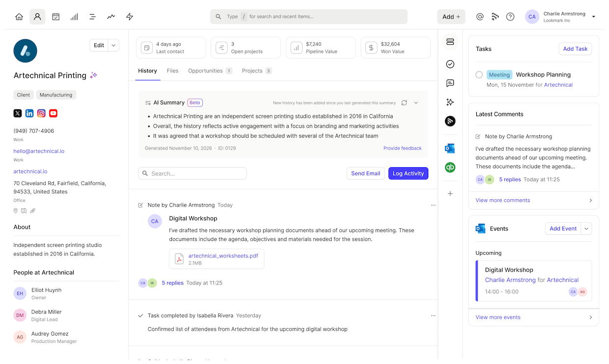 Capsule CRM contact record showing company details, activity history, an AI summary and a tasks and events sidebar