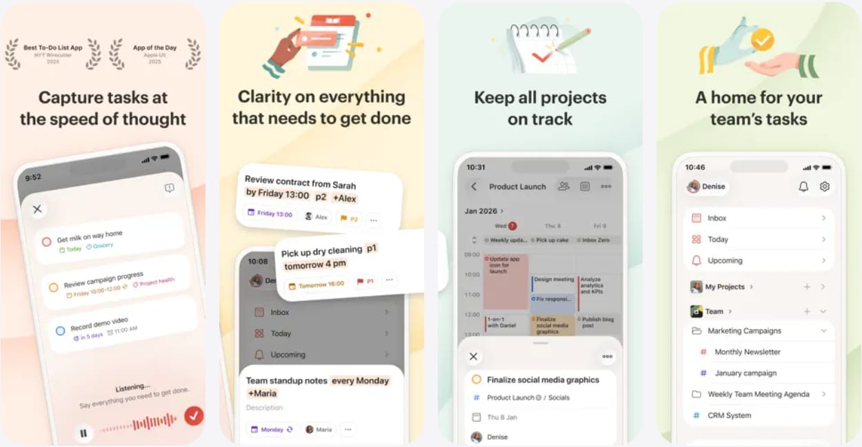 iPhone에서 Todoist를 보여주는 화면으로, 반복 작업이 포함된 '오늘(Today)' 보기와 정리된 프로젝트 목록이 표시되어 있습니다.