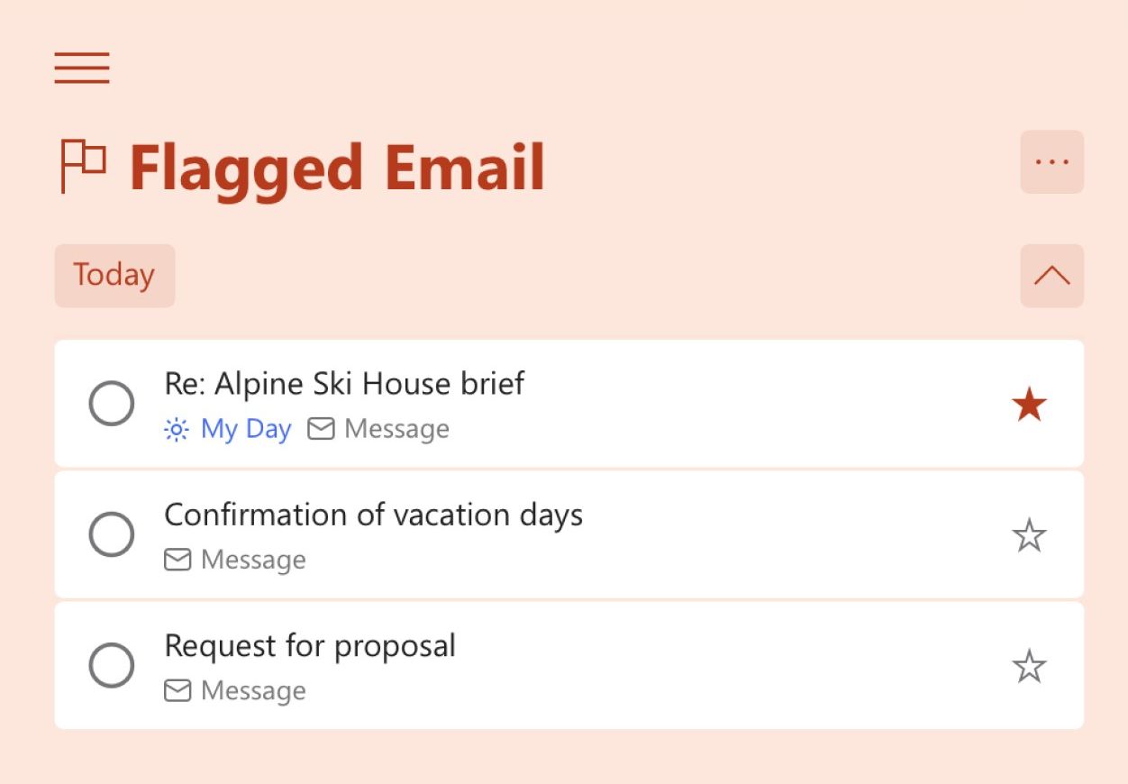 이메일 세 개가 작업으로 들어온 Microsoft To Do의 Flagged Email 목록(영문 UI), 맨 위 작업은 별표가 달리고 My Day에 추가된 상태