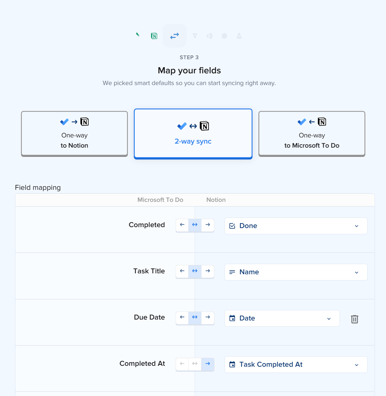 Feldzuordnung in 2sync mit den drei Richtungen One-way to Notion, 2-way sync und One-way to Microsoft To Do und Zeilen, die Completed auf Done, Task Title auf Name und Due Date auf Date legen
