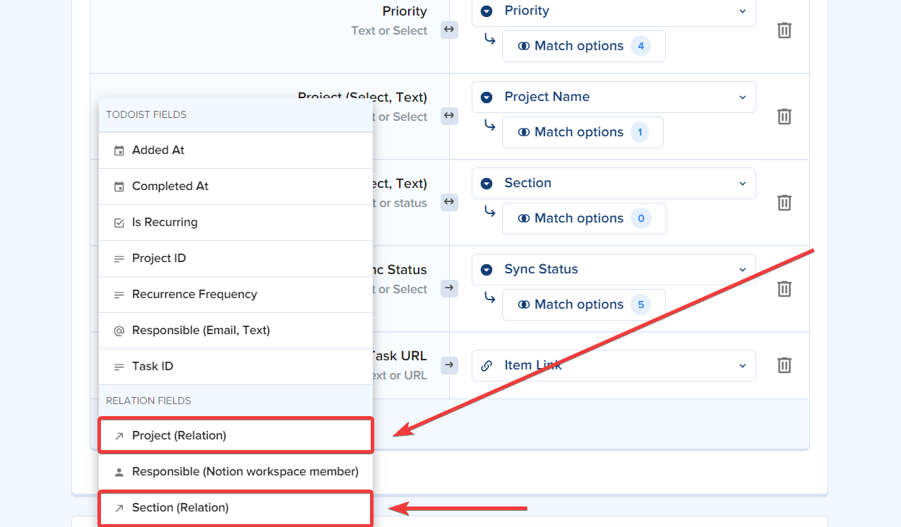 Field mapping dropdown showing the Relation Fields section with Project (Relation) and Section (Relation) options highlighted