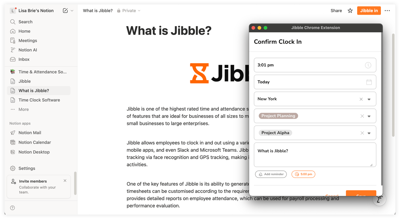 Jibble Chrome extension "Confirm Clock In" dialog open over a Notion page titled "What is Jibble?"