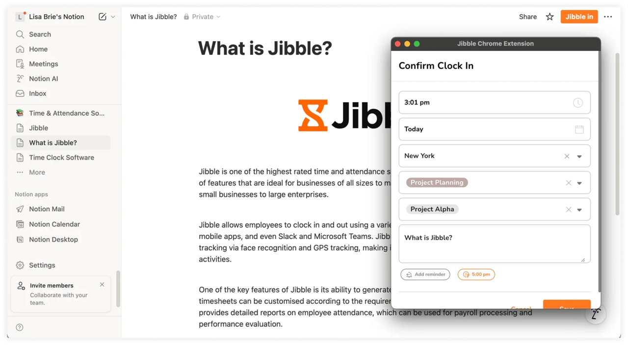 Dialog „Confirm Clock In" der Jibble-Chrome-Erweiterung über einer Notion-Seite mit dem Titel „What is Jibble?"