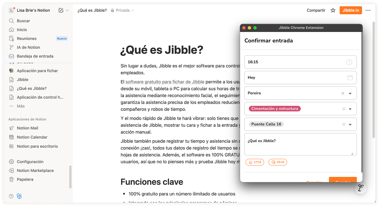 Ventana «Confirmar entrada» de la extensión Jibble para Chrome sobre una página de Notion titulada «¿Qué es Jibble?»