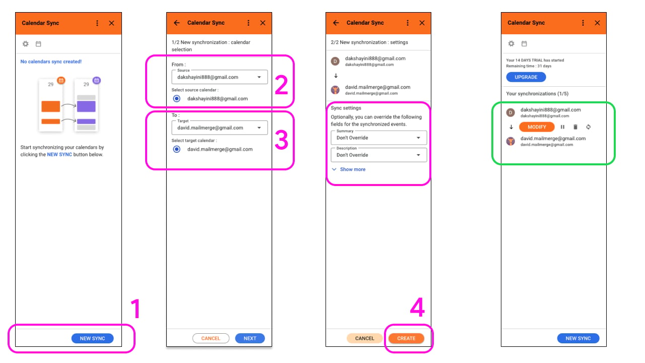 Cuatro paneles del complemento lateral de SyncThemCalendars dentro de Google Calendar: el estado vacío con el botón New Sync, la selección de calendario de origen y de destino, los ajustes para sobrescribir título y descripción, y la lista de sincronizaciones resultante.