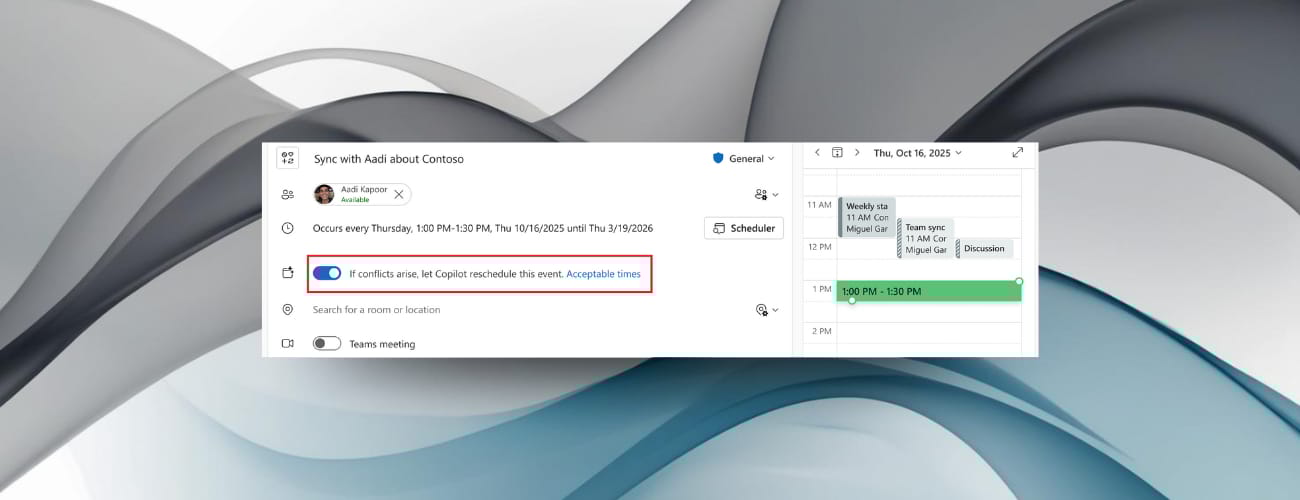 Microsoft 365 Copilot rescheduling a conflicting meeting inside an Outlook Calendar event, with the "If conflicts arise, let Copilot reschedule this event" toggle visible.