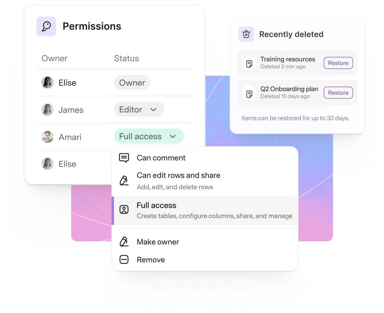 Superhuman Docs permissions panel with a role dropdown showing Can comment, Can edit rows and share, and Full access, beside a recently deleted list with Restore buttons