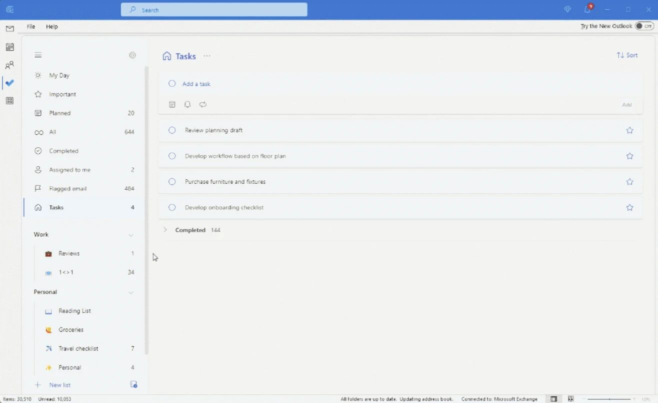 El Outlook clásico en inglés, con el interruptor Try the New Outlook apagado: To Do ocupa el sitio de las tareas de siempre, con sus listas inteligentes y los grupos Work y Personal
