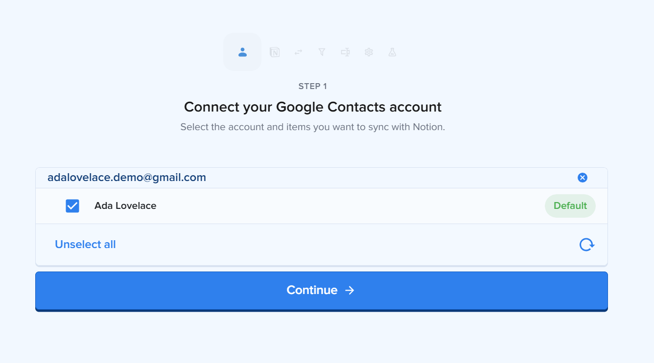 2syncのSTEP 1「Connect your Google Contacts account」（Google コンタクトのアカウントの接続）の画面。上部に接続済みのGmailアドレスの行があり、その下に連絡先グループ「Ada Lovelace」がチェックの入ったチェックボックスと緑色のDefaultバッジとともに表示され、Unselect allのリンクとContinueのボタンが並んでいる