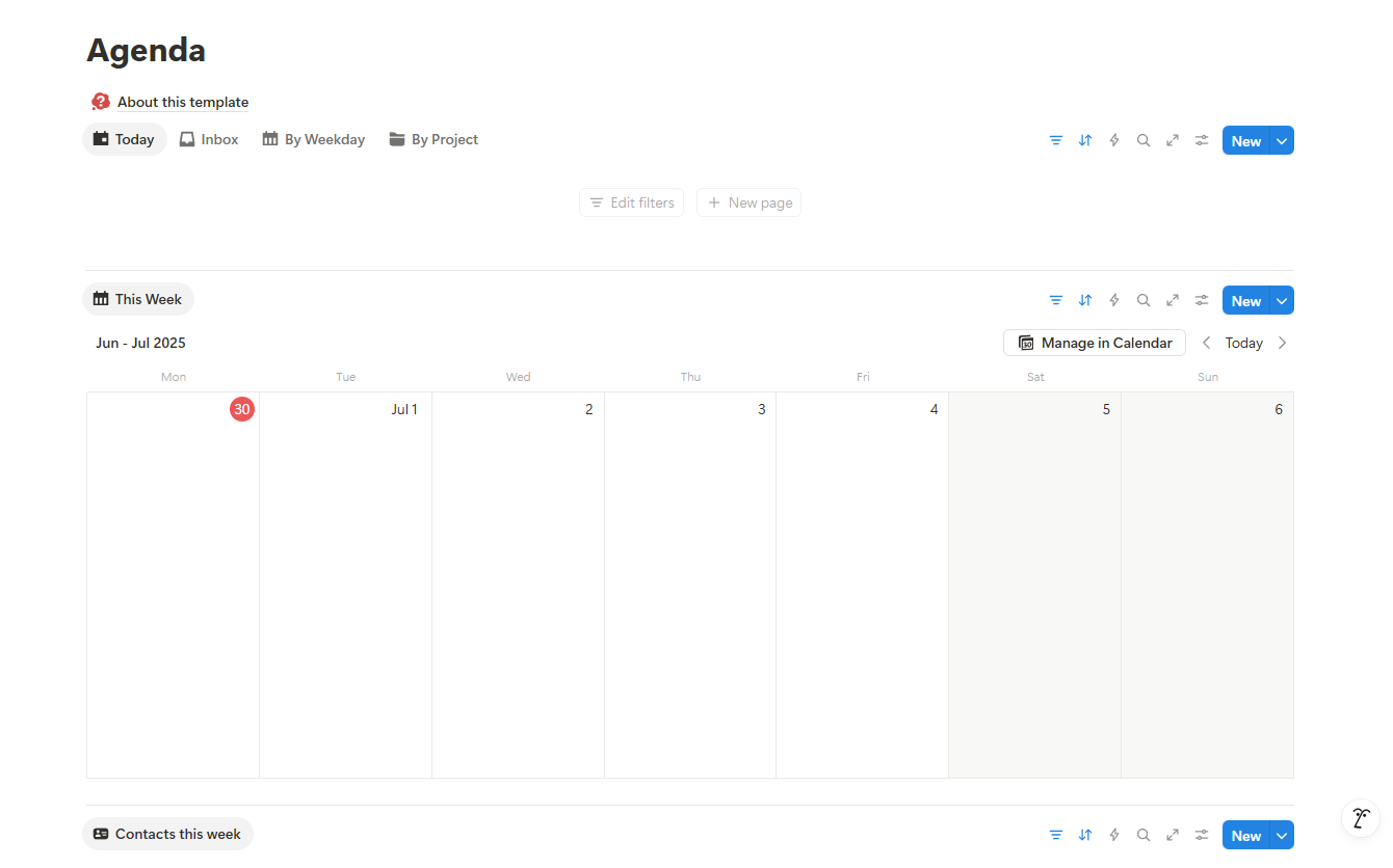 2sync에서 제작한 Notion 캘린더 템플릿으로, 2025년 6월 30일부터 7월 6일까지의 주간 일정을 탐색 옵션, 필터, 연락처 사이드 메뉴와 함께 표시합니다.