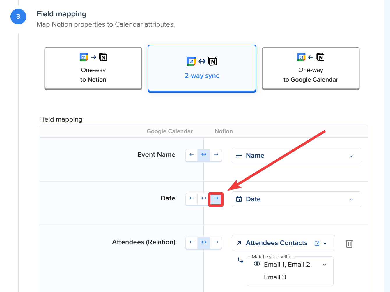 Field mapping panel showing per-field sync direction: Event Name and Attendees set to two-way, Date set to one-way to Google Calendar
