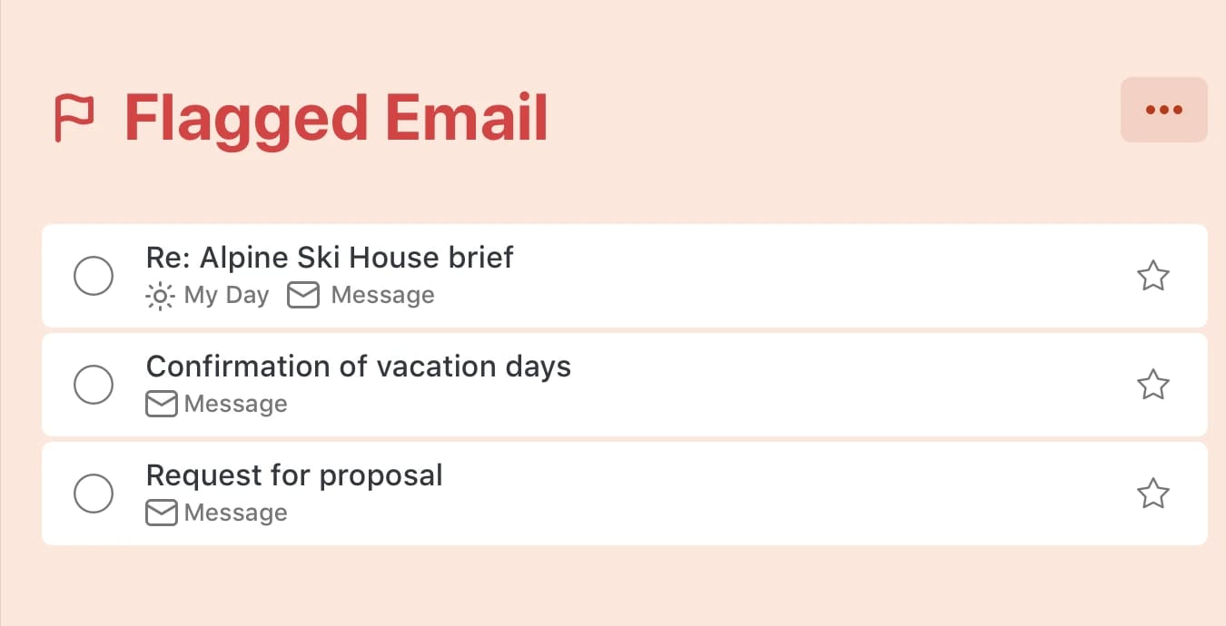The Flagged Email list in Microsoft To Do for Mac with three flagged messages as tasks, each marked Message, one also added to My Day