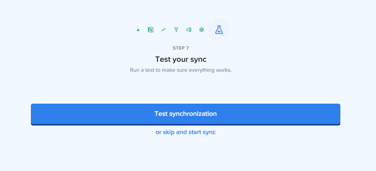 2syncのSTEP 7「Test your sync」（同期のテスト）の画面。「Run a test to make sure everything works」という説明の下に、青いTest synchronizationのボタンと、テストを省いて同期を開始するリンクが表示されている