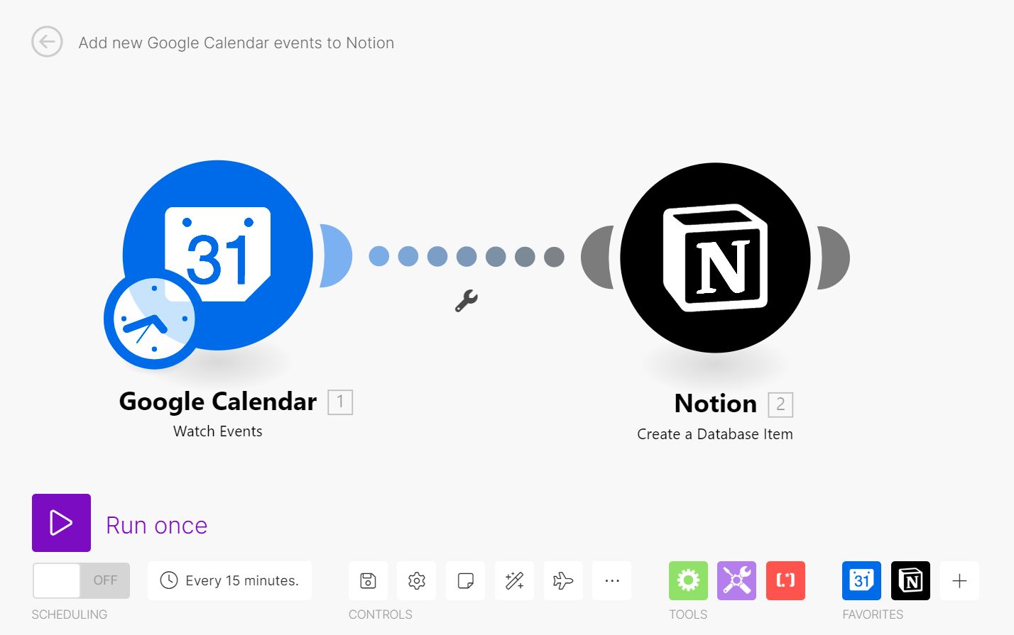 Lienzo de un escenario de Make titulado Add new Google Calendar events to Notion, con un módulo Watch Events de Google Calendar conectado a un módulo Create a Database Item de Notion y una frecuencia de cada 15 minutos.