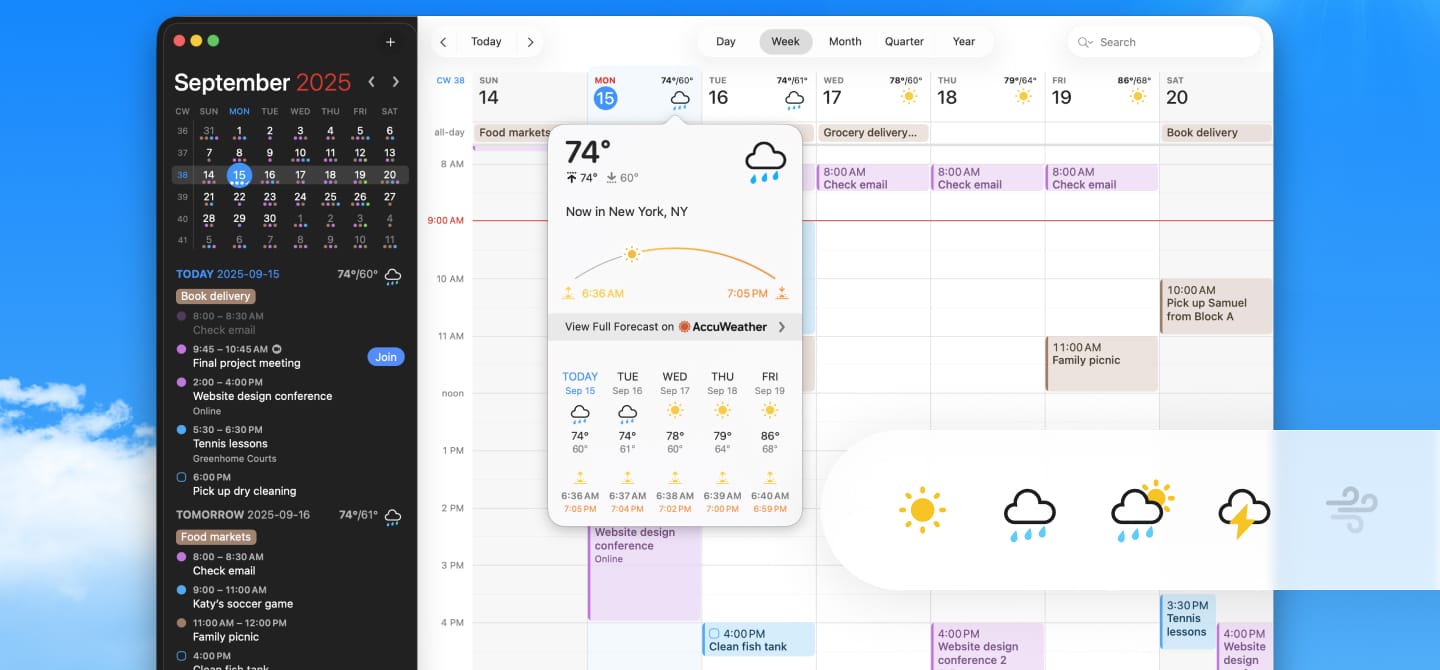 Fantastical pour Mac en vue semaine, interface en anglais : barre latérale sombre avec le mini calendrier de septembre 2025 et la liste des prochains événements, grille de la semaine aux événements de couleur et fenêtre de prévisions AccuWeather sur cinq jours.
