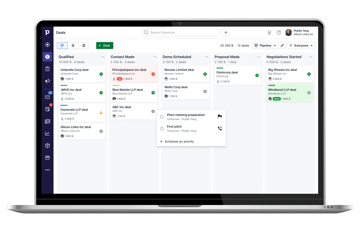 Pipedrive visual sales pipeline with deal cards organized by stages