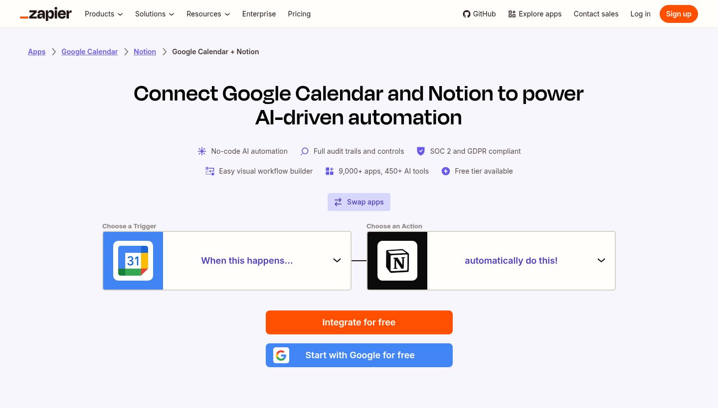 Página de conexão do Zapier entre Google Calendar e Notion: a caixa Choose a Trigger, com o ícone do Google Calendar e o texto "When this happens...", ligada à caixa Choose an Action, com o ícone do Notion e o texto "automatically do this!", além do botão Swap apps na mesma tela.