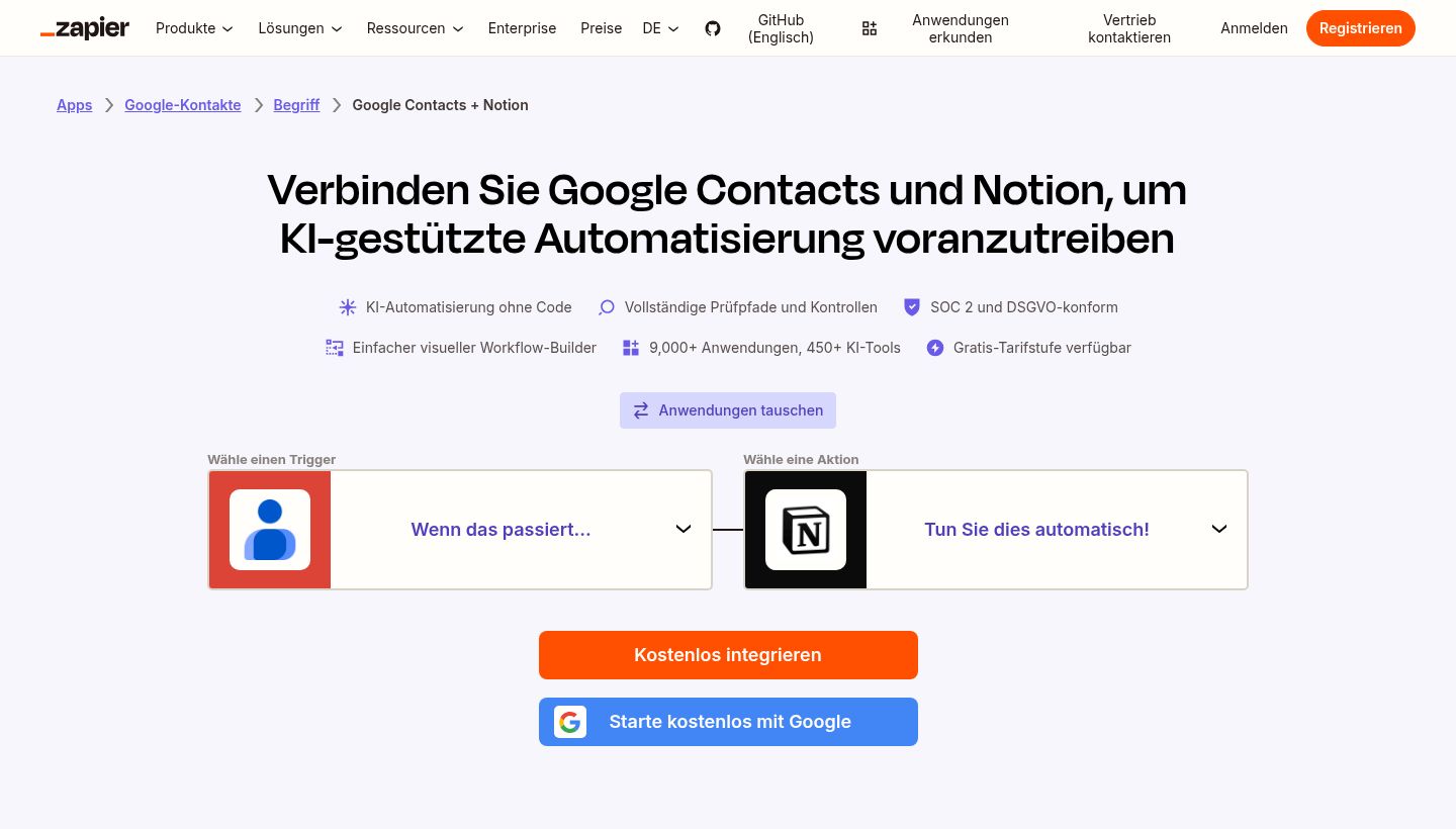 Deutschsprachige Zapier-Seite zu Google Contacts und Notion mit der Überschrift Verbinden Sie Google Contacts und Notion, um KI-gestützte Automatisierung voranzutreiben, darunter das Feld Wähle einen Trigger mit dem blauen Personensymbol von Google Kontakte, per Linie verbunden mit dem Feld Wähle eine Aktion und dem schwarzen Notion-Logo, und den Schaltflächen Kostenlos integrieren und Starte kostenlos mit Google