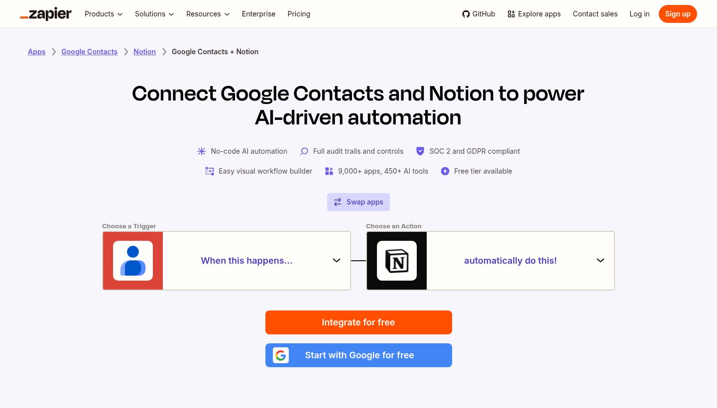 Zapier page pairing Google Contacts and Notion, with a Choose a Trigger box reading When this happens... linked to a Choose an Action box reading automatically do this!