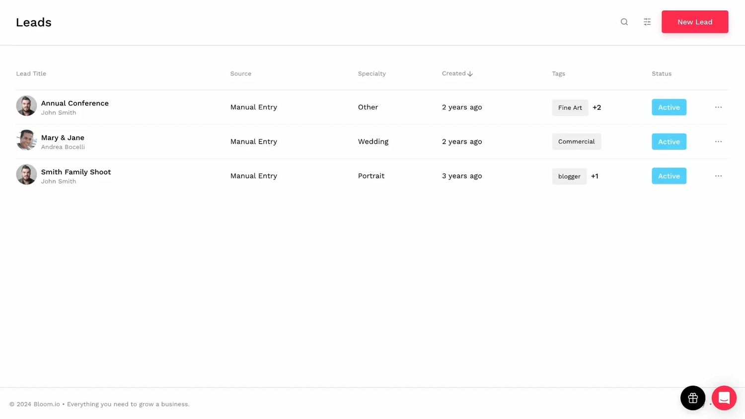 Bloom CRM lead management interface showing client contact list