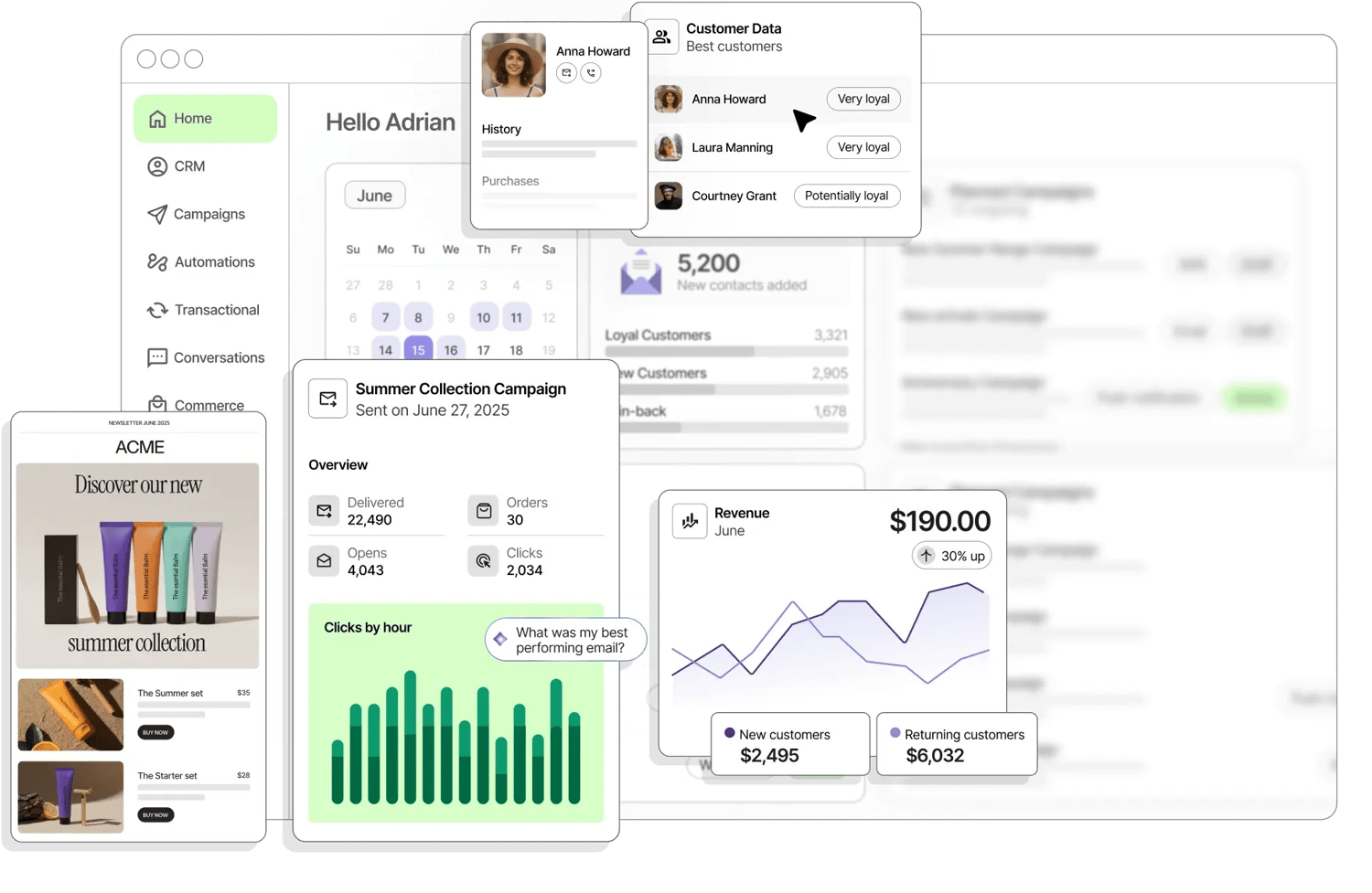 Brevo-Oberfläche mit CRM-Kontaktverwaltung und E-Mail-Marketing-Dashboard