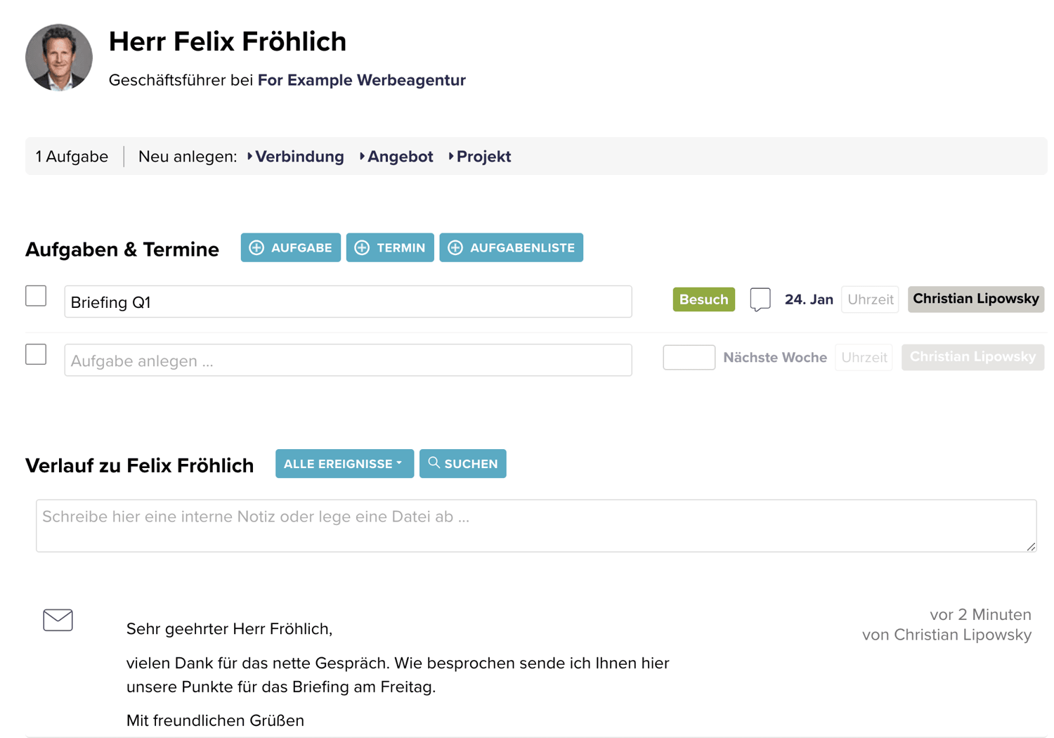 CentralStationCRM-Oberfläche mit Kontaktverwaltung und Aufgabenübersicht