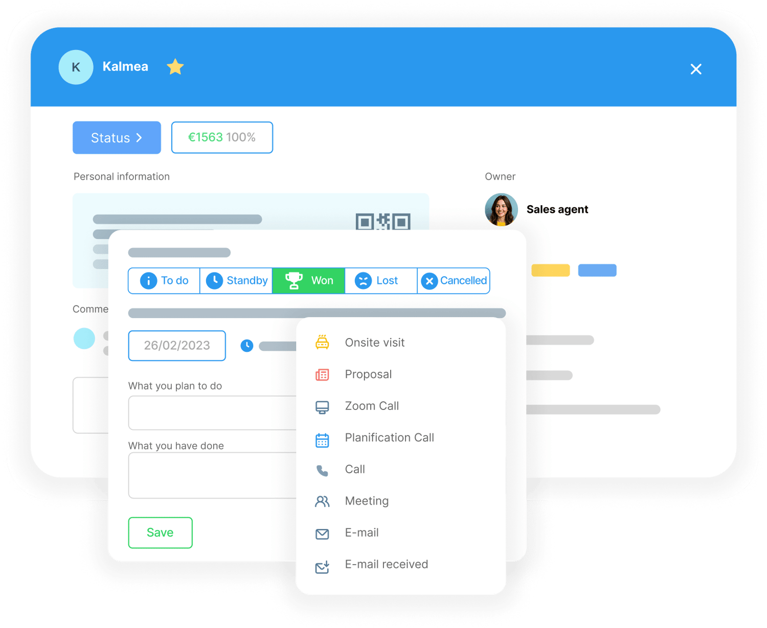 Interface de noCRM.io avec le pipeline de gestion des leads et les prochaines actions à effectuer