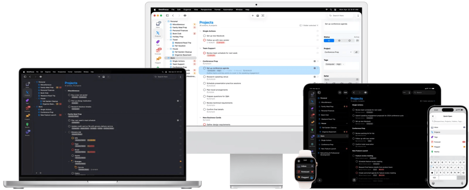 Capture d'écran d'OmniFocus sur plusieurs appareils