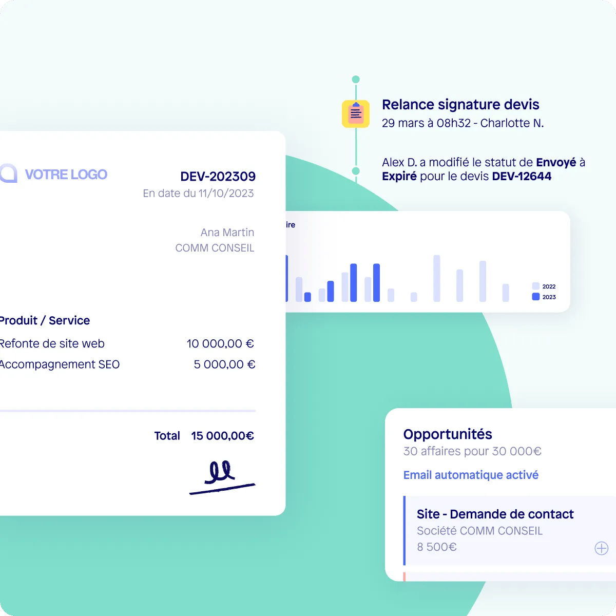 Interface de Sellsy avec le pipeline commercial et les fonctionnalités de facturation intégrées