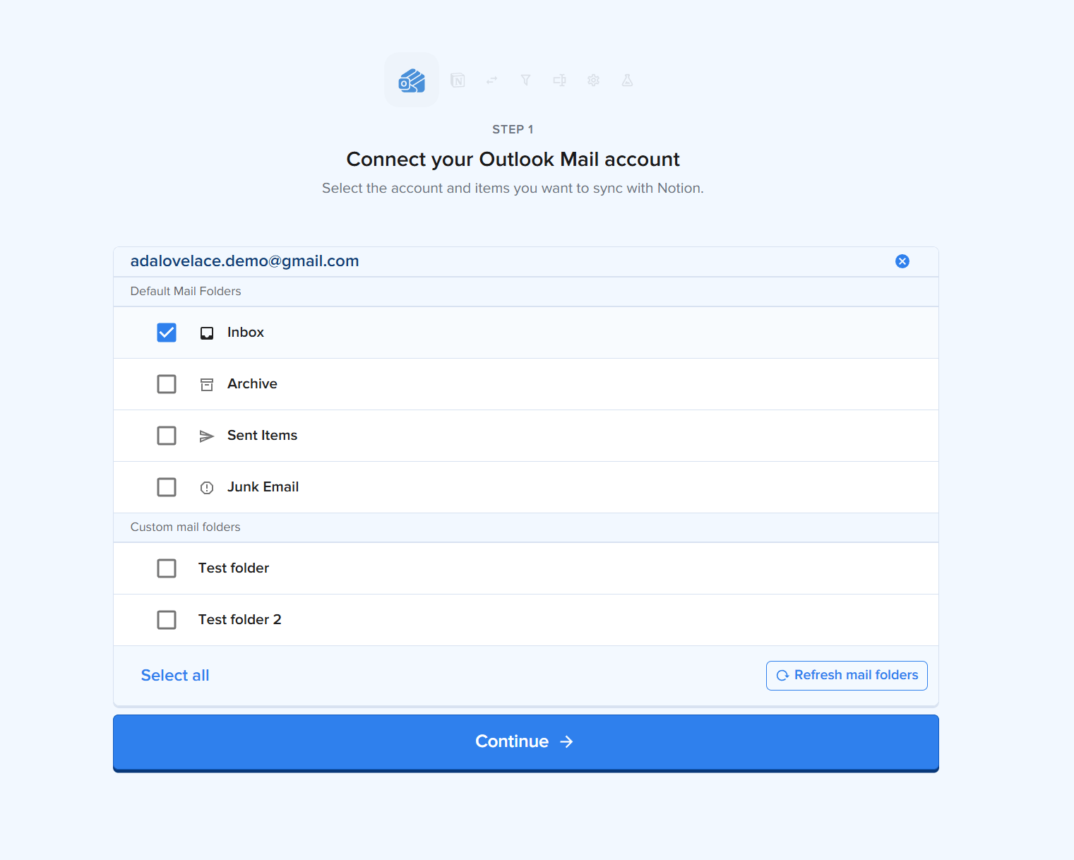 Outlookメールへの2syncの接続画面。Notionに同期するメールフォルダーを選ぶ一覧が表示されている