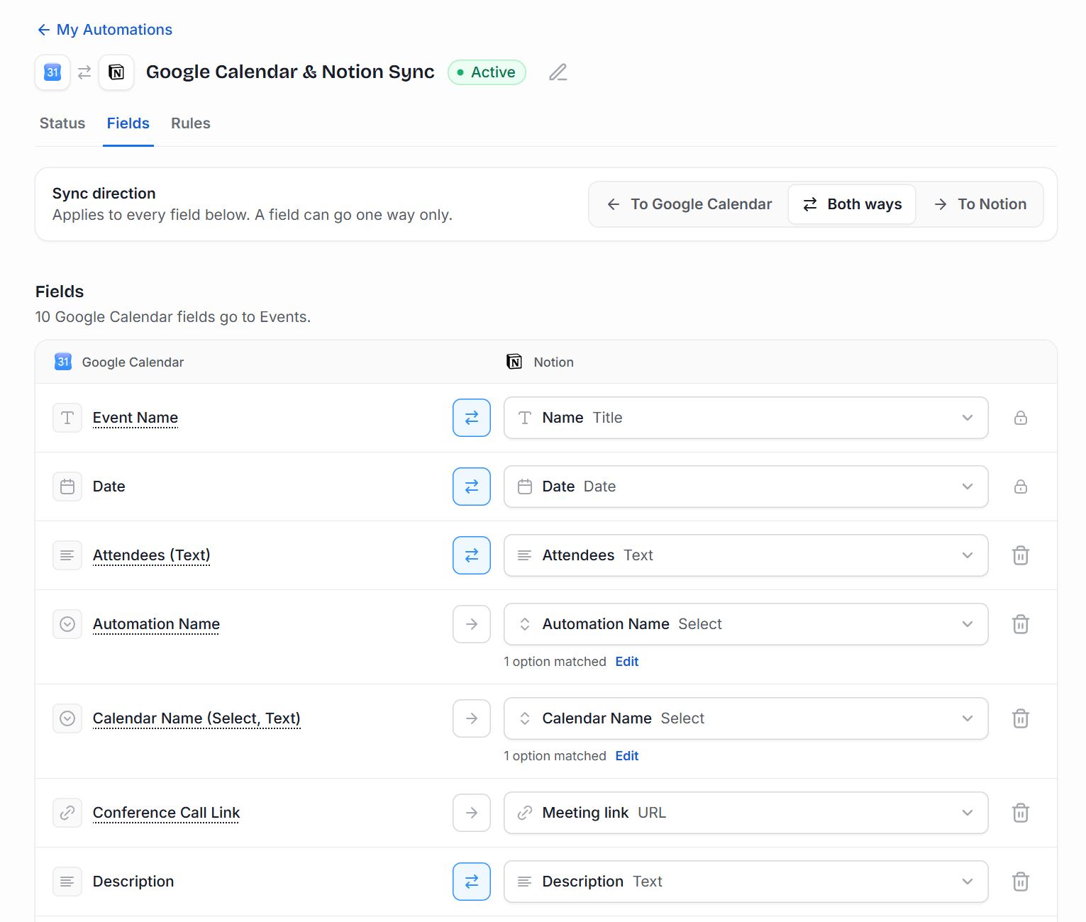 2sync Fields tab for a Google Calendar and Notion sync: Sync direction set to Both ways, two-way arrows on Event Name, Date, Attendees and Description, one-way arrows into Notion on Automation Name, Calendar Name and Conference Call Link.