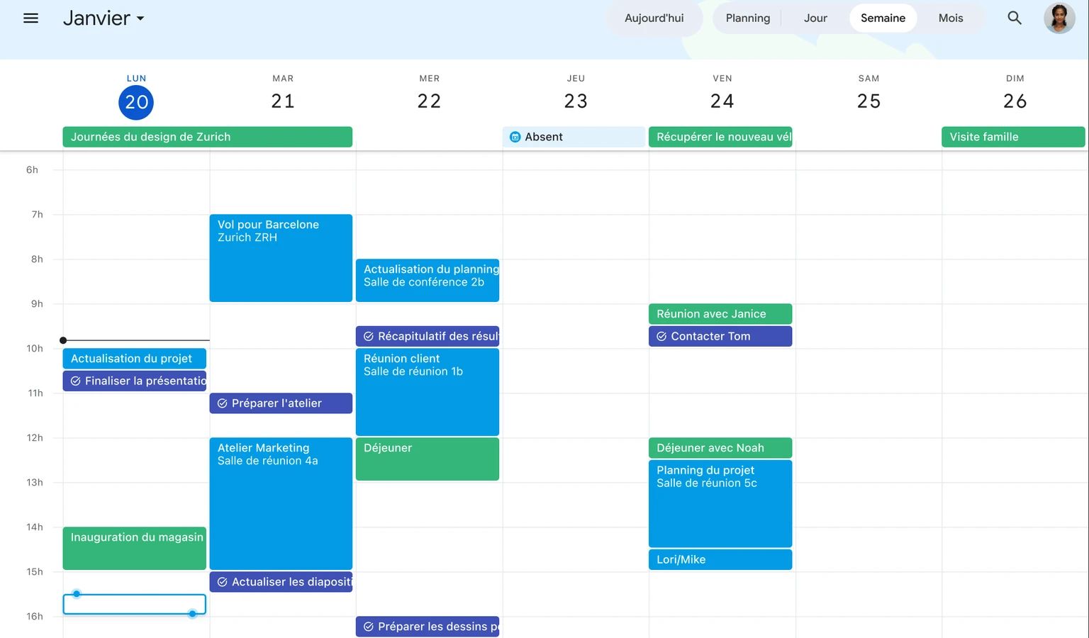 Google Agenda en vue semaine, interface en français : semaine de janvier avec des événements de couleur comme « Vol pour Barcelone », des tâches cochées, les événements de la journée entière en haut et les boutons Aujourd'hui, Planning, Jour, Semaine et Mois.