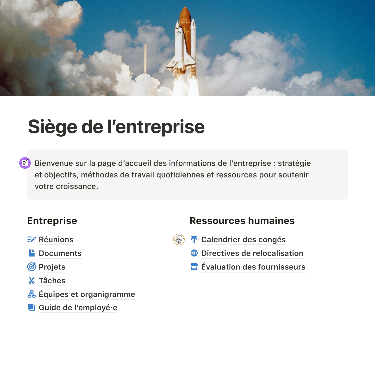 Page d'accueil Notion « Siège de l'entreprise » en français, avec les rubriques Entreprise et Ressources humaines et des liens vers Réunions, Documents, Projets, Tâches et Calendrier des congés